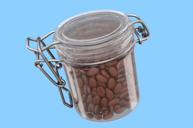 Glass jar with coffee beans isolated on blue background. 3D render coffee making concept and natural farm coffee
