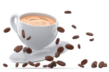 Ceramic coffee cup with coffee beans for cappuccino, americano, espresso, mocha, latte, cocoa on white background. 3d render of concept takeaway food and drink in recycling packaging and donut