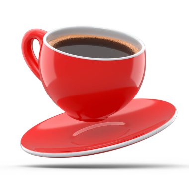 Ceramic coffee cup with foam for cappuccino, americano, espresso, mocha, latte, cocoa on white background. 3d render of concept takeaway food and drink in recycling packaging and donut