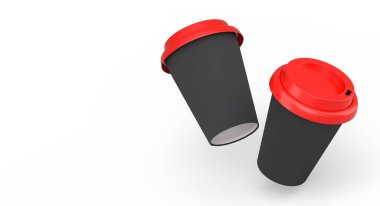 Kapuçino, americano, espresso, mocha, latte ve beyaz arka planda kakao için kapaklı kağıt kahve fincanları. Geri dönüşüm ambalajında 3D konsept paket yiyecek ve içecek hazırlama