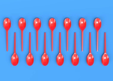 Set of disposable utensils like spoon on blue background. 3d render concept of save the earth and zero waste