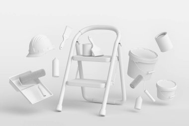 Set of folding ladder, bucket, safety helmet with paint rollers and brushes for painting walls on monochrome background. 3d render of renovation apartment concept and interior design