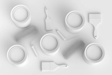 Set of metal cans or buckets with paint rollers and brushes for painting walls on monochrome background. 3d render of renovation apartment concept and interior design