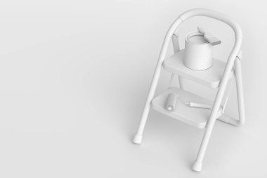 Set of metal cans or buckets with paint roller, brush and folding ladder for painting walls on monochrome background. 3d render of renovation apartment concept and interior design