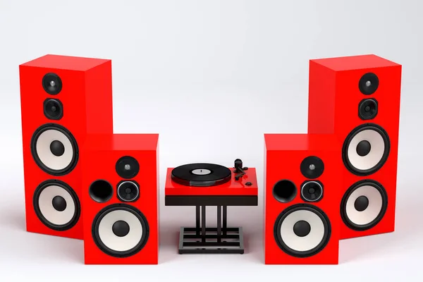 Set of Hi-fi speakers with loudspeakers and DJ turntable on white background. 3d render audio equipment like boombox and vinyl record player for sound recording studio