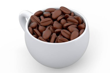 Ceramic coffee cup with coffee beans for cappuccino, americano, espresso, mocha, latte, cocoa on white background. 3d render of concept takeaway food and drink in recycling packaging and donut