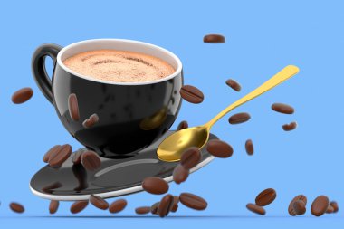 Ceramic coffee cup with coffee beans for cappuccino, americano, espresso, mocha, latte, cocoa on blue background. 3d render of concept takeaway food and drink in recycling packaging and donut