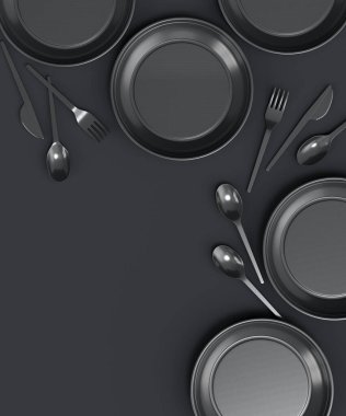 Set of disposable utensils like plate, folk, spoon,knife and cup on monochrome black background. 3d render concept of save the earth and zero waste