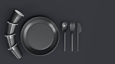Set of disposable utensils like plate, folk, spoon,knife and cup on monochrome black background. 3d render concept of save the earth and zero waste