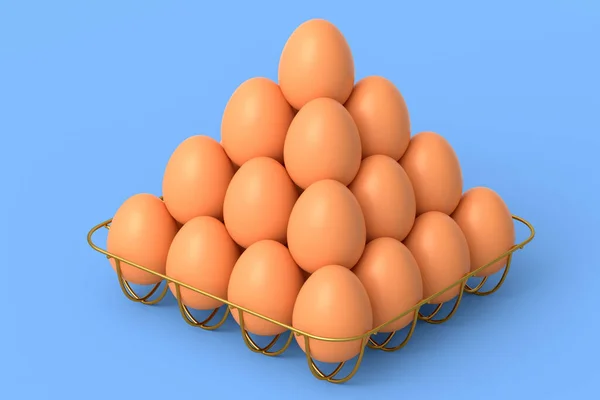 青の背景に金属トレイや紙の段ボールに生の有機茶色の卵をファーム 朝の朝食のためのオムレツやスクランブルエッグのための新鮮な鶏の卵の3Dレンダリング — ストック写真