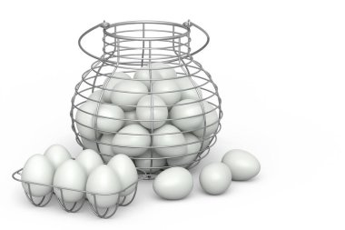 Sepette organik, bembeyaz yumurta ya da beyaz arka planda kağıt karton. Omlet için 3 boyutlu taze tavuk yumurtası ya da sabah kahvaltısı için çırpılmış yumurta.