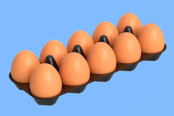 Farm raw organic brown eggs in plastic tray or paper cardboard on blue background. 3d render of fresh chicken eggs for omelet or scrambled fried egg for morning breakfast