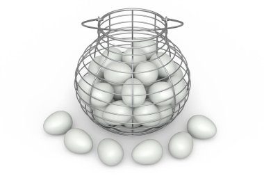 Sepette organik, bembeyaz yumurta ya da beyaz arka planda kağıt karton. Omlet için 3 boyutlu taze tavuk yumurtası ya da sabah kahvaltısı için çırpılmış yumurta.