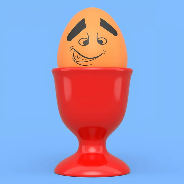 青を背景に朝食用の陶器の卵カップに表情と面白い顔を持つファームブラウンの卵を描いた 感情を持つグリーティングと招待状のためのイースターエッグテンプレートデザインの3Dレンダリング — ストック写真