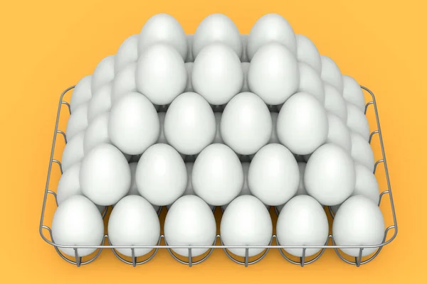Granja Huevos Recubiertos Azúcar Blanca Orgánica Cruda Bandeja Metálica Cartón —  Fotos de Stock
