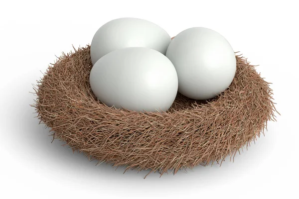 Granja Orgánica Cruda Huevos Recubiertos Azúcar Blanco Nido Aves Aisladas —  Fotos de Stock