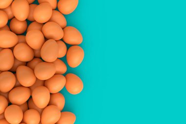 Birçok çiftlik organik kahverengi tavuk yumurtası arka planda. Yerel pazar için 3 boyutlu Paskalya konsepti veya organik tarım ürünleri üretimi