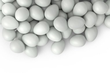 Birçok çiftlik çiğ organik tavuk yumurtası arka planda. Yerel pazar için 3 boyutlu Paskalya konsepti veya organik tarım ürünleri üretimi