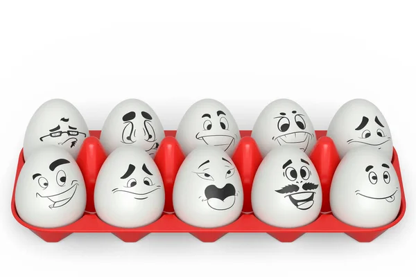 Fadeleri Plastik Tepside Komik Yüzü Olan Çiftlik Beyazı Yumurta Beyaz — Stok fotoğraf