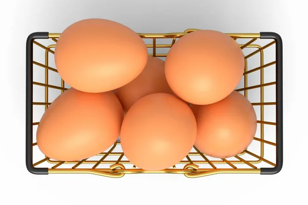 Fazenda Ovos Castanhos Orgânicos Crus Cesta Arame Metal Papelão Sobre — Fotografia de Stock