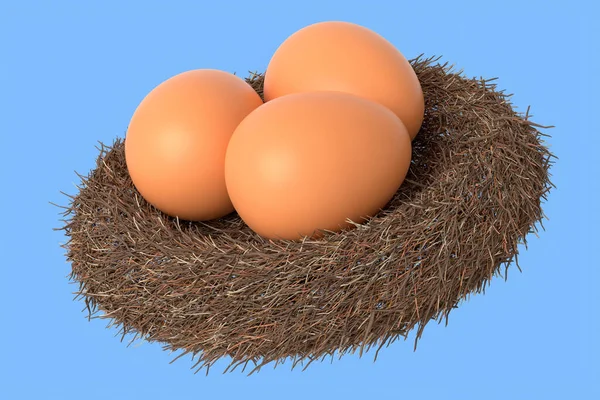 Bauernhof Rohe Bio Braune Eier Vogelnest Isoliert Auf Blauem Hintergrund — Stockfoto