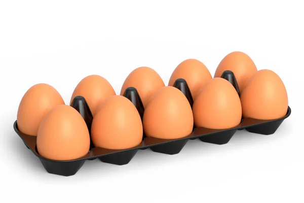 Ακατέργαστα Βιολογικά Καφέ Αυγά Πλαστικό Δίσκο Χάρτινο Χαρτόνι Λευκό Φόντο — Φωτογραφία Αρχείου