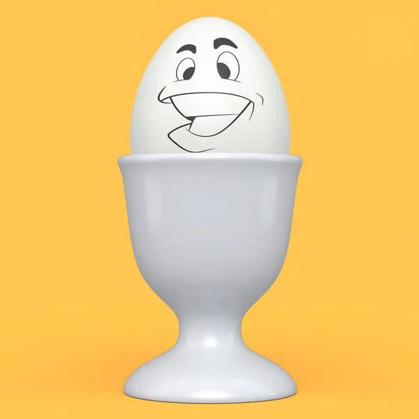 Sarı Arka Planda Kahvaltı Için Seramik Yumurta Bardağında Gülen Surat — Stok fotoğraf