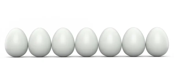 グループファーム生の有機白い鶏の卵の行に立っているか 白い背景にキュー 社会的距離や移動の3Dレンダリングと概念を並んで — ストック写真