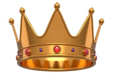 Beyaz arka planda izole edilmiş mücevherleri olan altın kraliyet tacı. Kral ve kraliçe için 3 boyutlu konsept başlık. Kraliyet mücevherleri ya da taç giyme töreni için kraliyet lüksü.