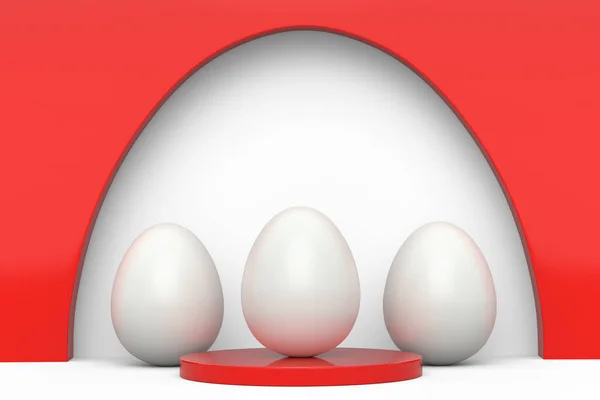 表彰台に白い鶏の卵と白の背景に並んで立って卵の群衆をファーム 挨拶カードのための英語の朝食の3Dレンダリングの概念 モックアップ製品表示のための最小壁のシーン — ストック写真