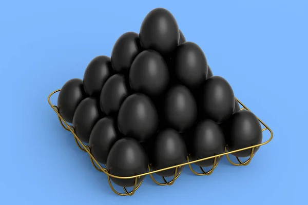 Piramidin Içinde Metal Tepside Duran Lüks Siyah Yumurtalar Mavi Arka — Stok fotoğraf