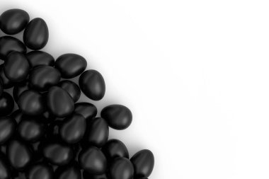 Bir yığın çiğ organik siyah tavuk yumurtası, soyut bir arka plan. Paskalya kavramının 3D canlandırması veya Kara Cuma, lüks, zenginlik ve imparatorluk gücü