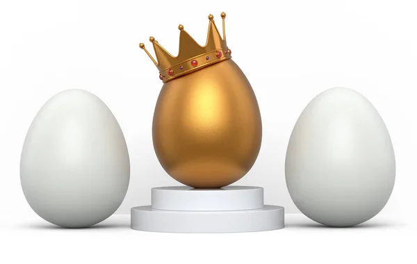 Weiße Hühnereier Reihe Und Einzigartiges Goldei Königlicher Königskrone Auf Podium — Stockfoto