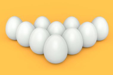 Grup çiftliği çiğ organik beyaz tavuk yumurtaları sırada ya da sarı arka planda kuyrukta bekliyor. Toplumsal uzaklık ya da göçün 3d gösterimi ve konsepti