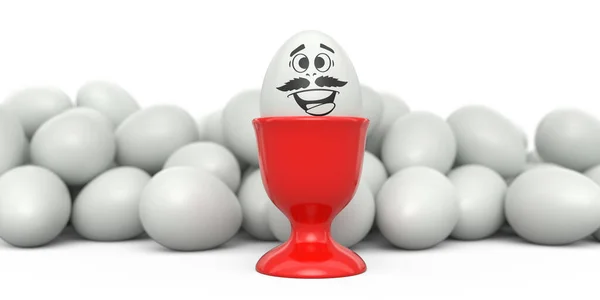 Fadeleri Seramik Yumurta Kabında Komik Suratı Olan Beyaz Yumurta Beyaz — Stok fotoğraf