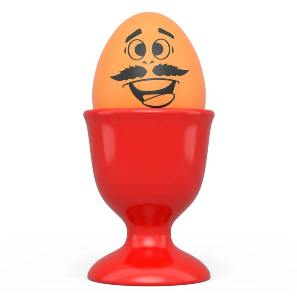 农场的褐色彩绘鸡蛋在陶瓷蛋杯中的表情和滑稽的脸作为早餐的白色背景 三维渲染复活节彩蛋模板设计 用于情感贺卡和邀请卡 — 图库照片
