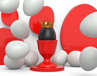 Kraliyet altın kaplamalı eşsiz siyah yumurta seramik yumurta ve beyaz arka planda dağınık beyaz yumurta. Paskalya kavramının 3D canlandırması veya Kara Cuma, lüks, zenginlik ve imparatorluk gücü
