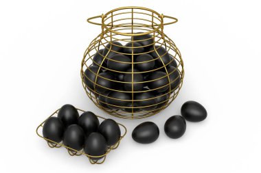 Metal sepetteki lüks siyah yumurtalar ya da beyaz arka planda izole edilmiş kağıt karton. 3 boyutlu paskalya konsepti omlet için tavuk yumurtası ya da sabah kahvaltısı için çırpılmış yumurta.