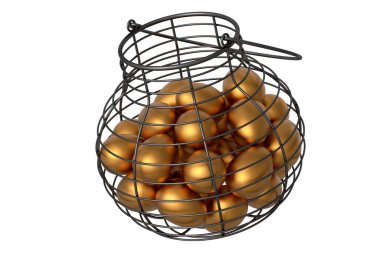 Metal sepetteki lüks altın yumurtalar ya da beyaz arka planda izole edilmiş kağıt karton. 3 boyutlu paskalya konsepti omlet için tavuk yumurtası ya da sabah kahvaltısı için çırpılmış yumurta.