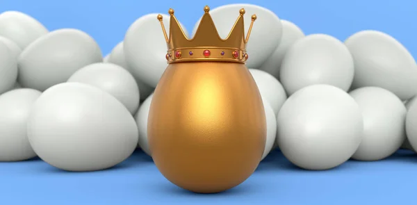 成群的农场白色鸡蛋和独特的金蛋在皇家王冠蓝色背景 复活节概念或黑色星期五的3D渲染 财富和皇权 — 图库照片