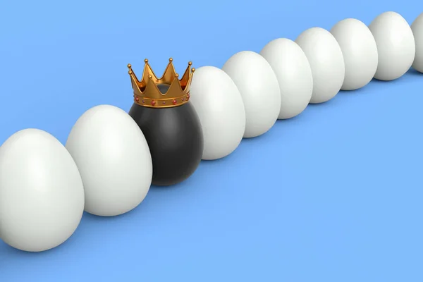 一排排的农场白鸡蛋和独一无二的黑蛋在蓝色背景的金王冠上 复活节概念或黑色星期五的3D渲染 财富和皇权 — 图库照片