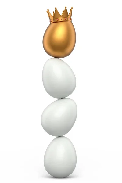 白い背景に王室の王冠の農場の白い鶏の卵とユニークな金の卵のスタック イースターの概念の3Dレンダリングやブラックフライデー 富と帝国の力 — ストック写真