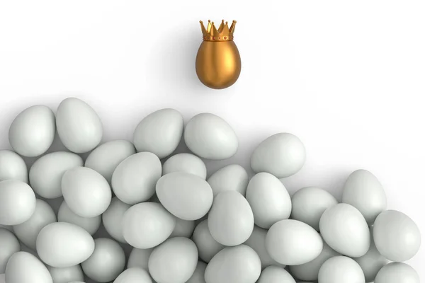 白色背景的皇家王冠上有大量农场白色鸡蛋和独特的金蛋 复活节概念或黑色星期五的3D渲染 财富和皇权 — 图库照片
