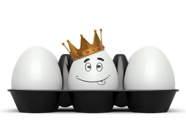 白い背景に隔離された白い卵とプラスチックトレイに立って金の王室の王冠のユニークな白い卵 イースターの概念の3Dレンダリングやブラックフライデー 富と帝国の力 — ストック写真