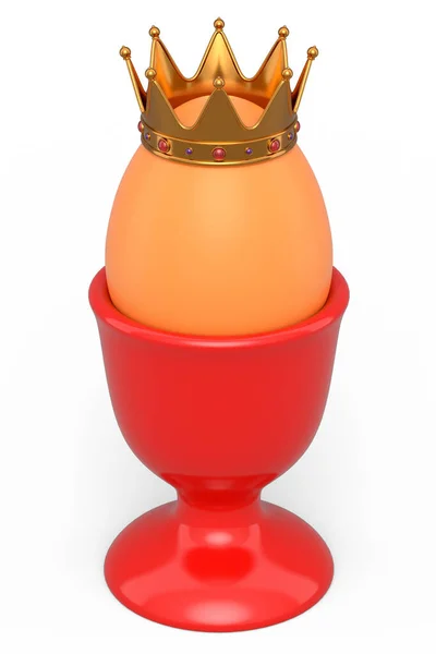 Gospodarstwo Brązowe Jajko Złotą Królewską Koroną Ceramicznym Kubku Śniadanie Białym — Zdjęcie stockowe