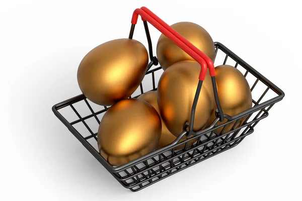 Metal Sepetteki Lüks Altın Yumurtalar Beyaz Arka Planda Izole Edilmiş — Stok fotoğraf