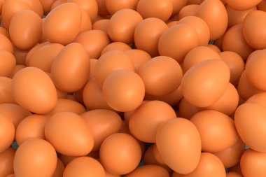 Birçok çiftlik organik kahverengi tavuk yumurtası arka planda. Yerel pazar için 3 boyutlu Paskalya konsepti veya organik tarım ürünleri üretimi