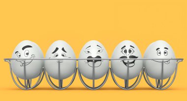 İfadeleri ve sarı arka planda metal tel tepside komik yüzü olan çiftlik beyazı bir yumurta. Paskalya yumurtalarının 3D sunucusu, kutlama ve davetiye kartları için duygu şablonu tasarlar