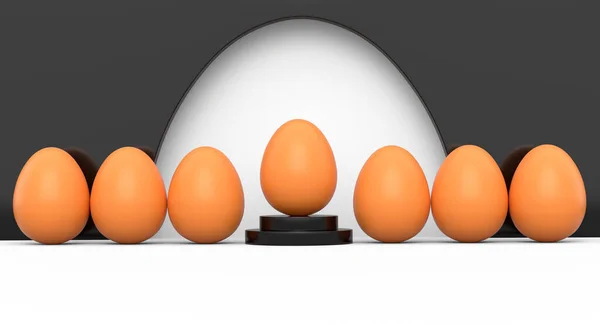 Boerderij Bruin Kippenei Het Podium Een Menigte Eieren Rij Witte — Stockfoto
