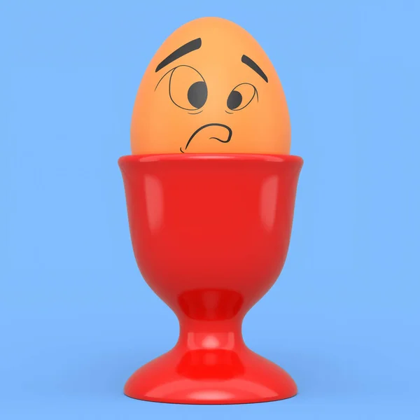 青を背景に朝食用の陶器の卵カップに表情と面白い顔を持つファームブラウンの卵を描いた 感情を持つグリーティングと招待状のためのイースターエッグテンプレートデザインの3Dレンダリング — ストック写真